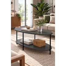 Oval Orta Sehpa 90 Cm İki Katlı Raflı Metal Ayaklı Modern Dekoratif Salon Sehpası Antrasit