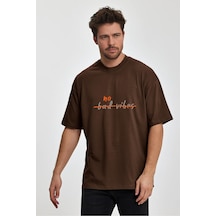 Erkek Oversize Bad Vibes Baskılı T-shirt Kahverengi Edw051-kahverengi