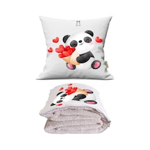 Kalpli Panda Baskılı Dekoratif Yastık Kırlent Opsiyonel Battaniye 2 İn 1 Çok Renkli