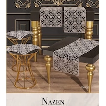 Bej Nazen Model 5 Parça Tül İşlemeli Runner Seti Salon Takımı Sarı