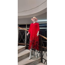 Bohem Stil Bohomiyan İtalyan Uzun Dijital Çiçek Baskılı Keten Gömlek Elbise & Kap-8913 Kırmızı
