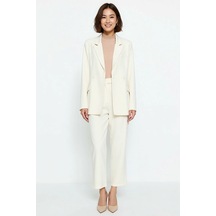 Benerly Kadın Büyük Beden Ceket Yaka Uzun Kollu Dokuma Blazer Pantolon Ta Krem