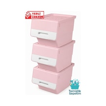 3 Katlı Tekerlekli Kapaklı Saklama Kutusu, Eşya Ve Erzak Organizer 3x12 Litre Pembe Pembe Pembe