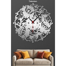 Çiçek Desenli Dekoratif Metal Duvar Saati - Krom - 50 X 50 Cm