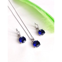 Gümüş Tanzanit Taşlı Büyük Oval Tasarım Kolye Küpe Kadın Set