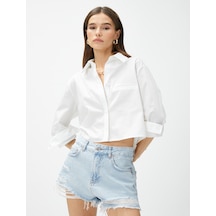 Koton Crop Poplin Gömlek Uzun Kollu Cep Detaylı Beyaz 3sak60191pw Beyaz
