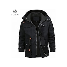 Orta Uzunlukta Pamuklu Dolgulu Ceket, Kalınlaştırılmış Pamuklu Dolgulu Ceket, Kürk Yaka, Sıcak Erkek Kışlık Polar Astarlı Ceket Siyah