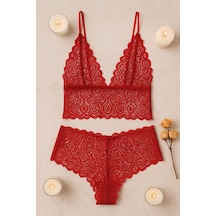 Ang Butik Kadın Kırmızı Dantel Bralet Şort Takımı Tutkulu Ve Çekici İç Giyim