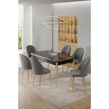 Canisa Rada Serisi 80x132 Açılabilir Lak Panel Siyah Mermer Desen Masa Takımı 6 Gri Sandalye Gold Detay Masa Siyah Mermer Desen Sandalye Gri
