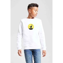 Tshirthane Black Cat In The Moon Baskılı Unisex Çocuk Beyaz Sweatshirt Beyaz