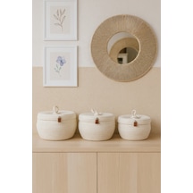 Safari 3'lü Kapaklı Bombeli Hasır Görünümlü Jüt Sepet Krem