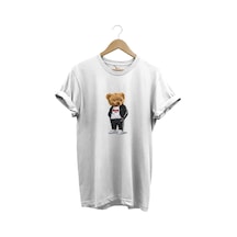 Sevimli Ayıcık Baskılı Love Tasarımlı %100 Pamuk Regular Fit Bisiklet Yaka Unisex T-shirt Beyaz