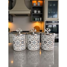 Baharatlık - Metal Kapaklı 3'lü Ceramic Desen Gümüş Kahverengi