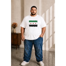 Sngl Tekstil Erkek Büyük Beden Kısa Kollu Suriye Bayrak Baskılı Tişört 3xl 4xl 5xl 6xl 7xl 8xl 9xl Beyaz
