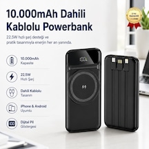 10.000mah Dahili Kablolu Powerbank 22.5w Hızlı Şarj İphone Android Uyumlu Dijital Göstergeli Taşınabilir Şarj Cihazı-1680 BEYAZ