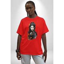 Japon Asyalı Samuray Kadın Pamuklu Bisiklet Yaka Unisex Oversize Boyfriend Dijital Baskılı Kırmızı T-shirt Kırmızı