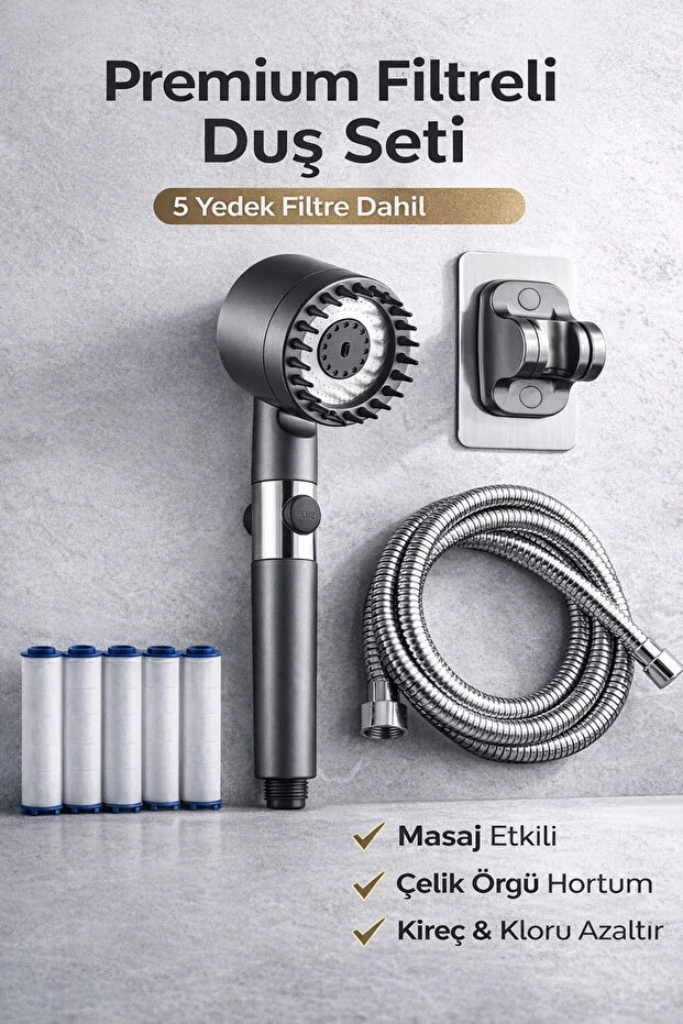 Filtreli Duş Seti 5 Yedek Filtreli Hortum Mafsal Yüksek Basınçlı Gri