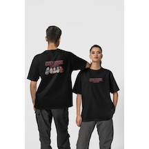 Stranger Cats Ön-arka Baskılı %100 Pamuk Beyaz Kadın/erkek Unisex Rahat Kalıp Oversize T-shirt Siyah