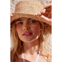 Kadın Hasır Bucket Şapka Naturel Ayarlanabilir Kova Plaj Şapkası Bej - Standart
