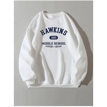 Kadın Beyaz Hawkins Baskılı Oversize Sweatshirt