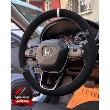 Honda Cr-v Dikme Direksiyon Kılıfı Full Alcantara Süet Beyaz Yüzük Ve Beyaz Dikiş 2023-2026 Siyah