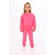 Toontoy Kids Toontoy Kız Çocuk 2'li Takım Baskılı Bisiklet Yaka Fermuarlı Ribanalı Sweatshirt & Beli Paçası Ribanalı Jogger Eşofman Altı - 2 İplik Fuşya
