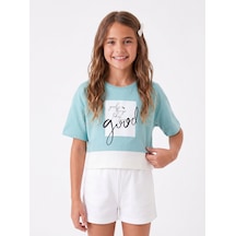Onloox Kız Çocuk Mint Yeşili Kız Çocuk Mint Yeşili Pamuklu Likralı Bisiklet Yaka Crop Yazı Baskılı Tişört 9-14 Yaş