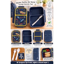 Muzeko Lunch Box Mzk884 Pembe Gıdaya Uygun Plastik Sızdırmaz Çift Bölmeli Lunch Box Beslenme Kabı 580ml Çatal Kaşık Hediye Beslenme Çantası Açık Lacivert