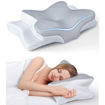 Premium Ortopedik Yastık Konturlu Boyun Yastığı, Hafızalı Köpük, Ergonomik Boyun Ve Omuz Desteği, Serinletici Ve Kokusuz, Yan Ve Sırtüstü Yatanlar İçin Gri - Beyaz