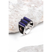 Gümüş 3 Parça Sıkma Lapis Taşlı Kenarları Tuğralı Erkek Yüzük -5409