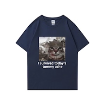 Flood Of Style Komik Kedi Bugünden Karın Ağrısını Hayatta Kaldım T Shirt Yeni Erkek Pamuklu Tişört Kısa Koll Lacivert