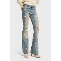 Itsbasic Kadın T.kot Rengi 2w5-32 Flare Fit Likralı Kumaş Çiçek Nakış Desenli Özel Tasarım Denim Jean