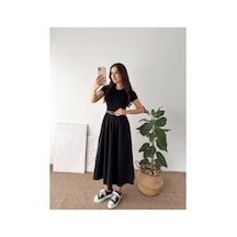 Asur Boutique Asur Butik Kadın Siyah Kısa Kollu Kemerli Midi Elbise Günlük Şık Basic Elbise