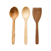 El Yapımı 3'lü Ahşap Mutfak Seti Zeytin Kaşık, Şimşir Kaşık Ve Ceviz Spatula 31 Cm Premium Doğal Ahş