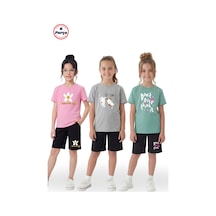Fyk Kids 3'lü Yuvarlak Yaka Kaprili Baskı Detaylı Yazlık Kız Çocuk 6 Parça Alt Üst Takım Pembe-gri-mint