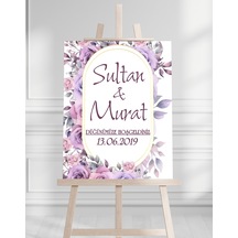 Söz Nişan Düğün İçin 50x70 Karşılama Panosu - Mor Gül Desenli Beyaz