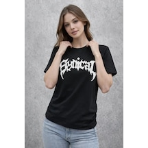 Yake Store Bisiklet Yaka Ön Baskılı Kısa Kollu Tişört Streetwear Günlük Basic Pamuklu T-shirt - Siyah - Siyah