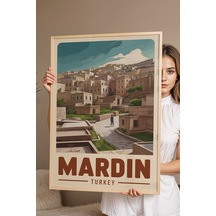 Mardin Tablo - Retro Travel Poster - Tarihi Şehir Duvar Dekoru - Çerçeveli Şehir İllüstrasyonu Kayın