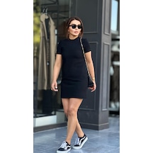 Siyah Tok Doku Kısa Kol Mini Elbise Siyah