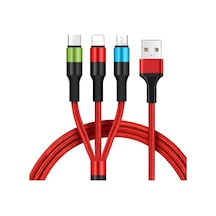 3 İn 1 Hızlı Şarj Kablosu, Örgülü 1.2m Kırmızı, Lightning, Type-c, Micro Usb, 3a Güçlü Dayanıkl Standart