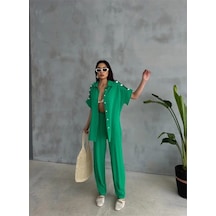 Defymoda Omuz Midye Sıralı Bluz - Paça Pensli Pantolon Takım - Yeşil Yeşil