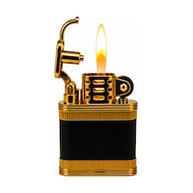 Premium Metal Çakmak Çizgili Desenli Klasik Hediyelik Çakmak Sarı