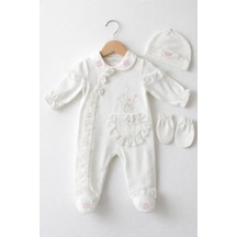 Kardeşler Bebe Dantelli Çiçek Nakışlı Kız Bebek Tulum Bere Eldiven Seti Ekru