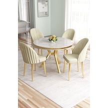Canisa Mos Serisi 90x90 Lak Panel Beyaz Mermer Desen Gold Kaplama Mutfak Masası Takımı Ve 4 Krem Sandalye Beyaz Mermer Desen Masa Sandalyeler Krem Gold Ayak