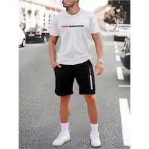 Unisex Oversize New York Baskılı Bisiklet Yaka T-shirt Şort Beyaz- Siyah