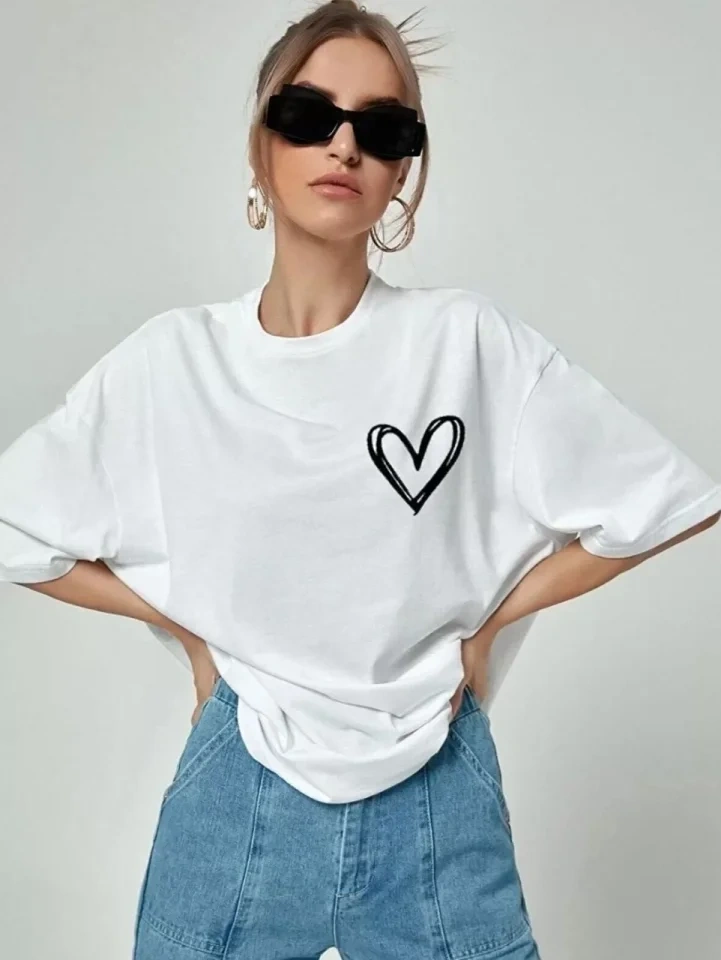 Nova Bazaar Bisiklet Yaka Baskılı Oversize T-shirt - Beyaz Beyaz