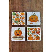 Doğal Taş Bardak Altlığı - Pımpkin Baskılı 10x10cm Stone Coasters 487 Çok Renkli