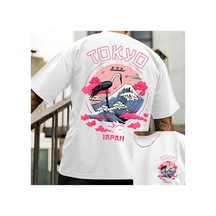 Caddemia Yaz Moda Rahat Gevşek Tokyo Rahat Desen Baskılı Yuvarlak Yaka Kısa Kollu T Beyaz 2XL