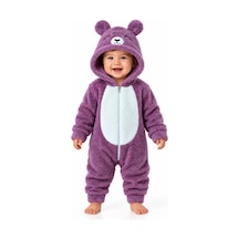 Kız Erkek Bebek Welsoft Peluş Tulum Kapüşonlu Fermuarlı Kışlık Bebek Tulumu Ayıcık Desenli Yumuşak Polar Tulum Mor