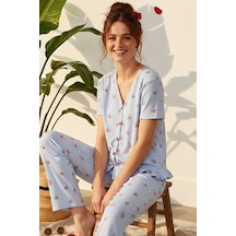 Siyah İnci Bürümcük-krınkıl Kısa Kollu Düğmeli Örme Pijama Takım 26120526 mavi